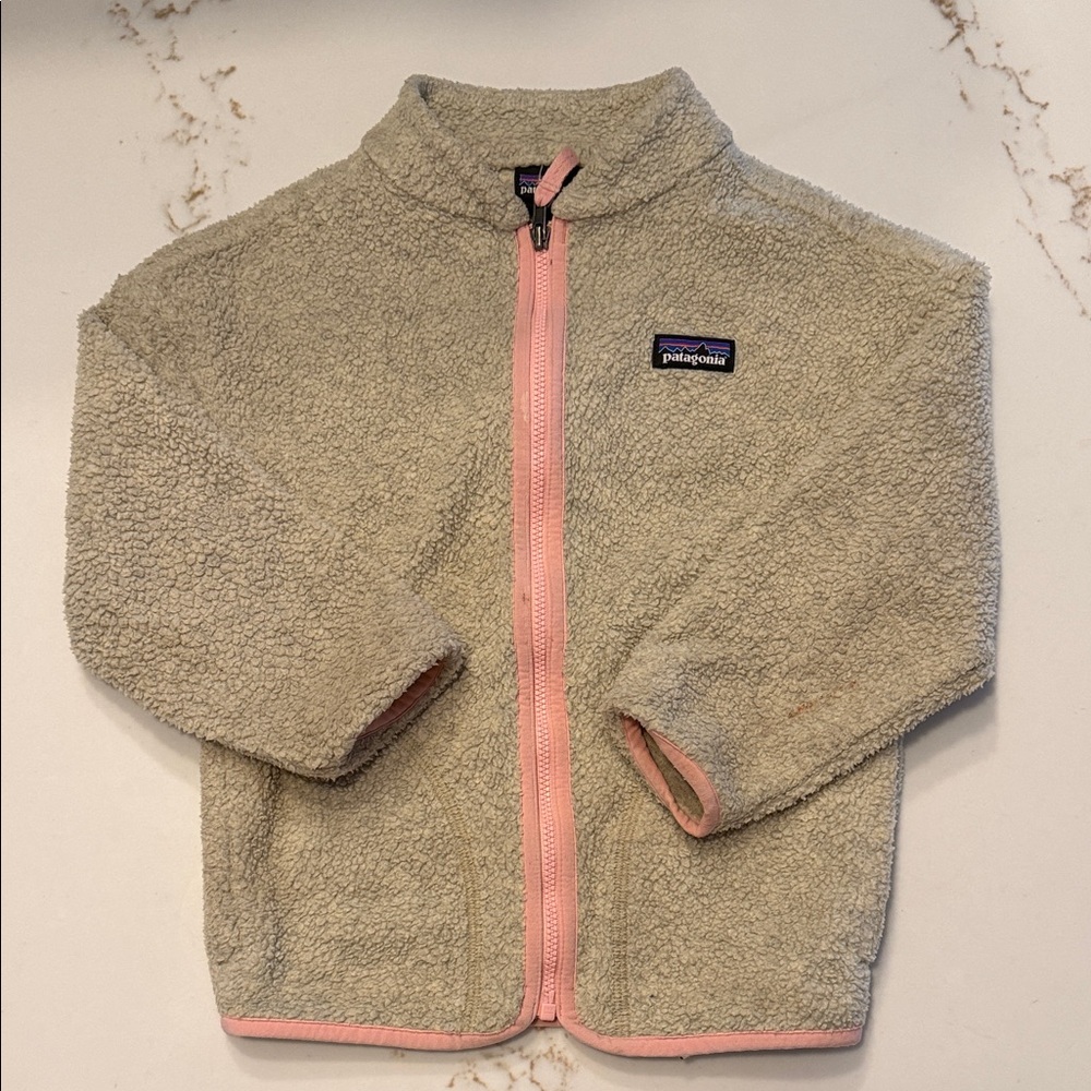 Patagonia Kids Cream Sherpa Fleece Jacket with Pink Trim